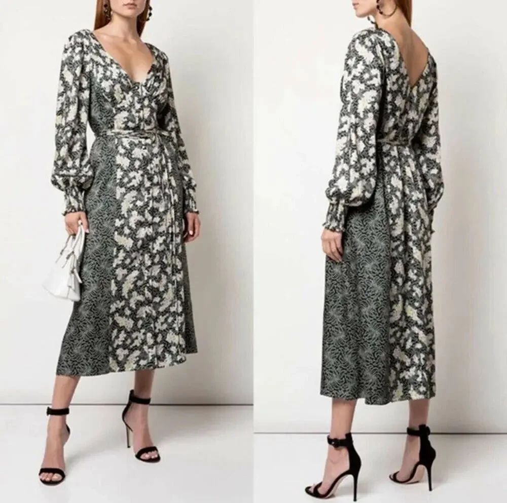 NWT Cinq à Sept Jessica Panel Print Satin Midi Dress Floral Black Size 0